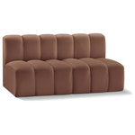 Meridian Furniture - Arc Vegan Leather Upholstered 2-Pc. Modular Sofa, Cognac - Unleash modern opulence with the Arc Vegan Leather 2pc. Sectional. Crafted for the modern connoisseur, this Sectional injects an air of refined luxury into any space. Its sleek silhouette, upholstered in supple cognac vegan leather, exudes timeless sophistication while the deep channel tufting adds textural intrigue, further elevating the chair's visual appeal. The modular design makes it a versatile chameleon, effortlessly adapting to your evolving needs and preferences. Whether you envision it gracing a chic living room corner, basking in the glow of a bedroom window, or adding a touch of drama to a home office, the Arc seamlessly complements your unique interior aesthetic.