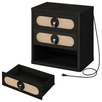 Set of 2 Retro Nightstand, Charging Station and Drawers With Rattan Front, Black