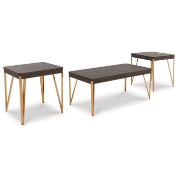 3-Piece Coffee and End Table Set, Steel Legs, Wood Grain Details, Brown