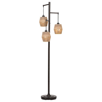 Benzara BM239418 Stalk Design Metal Floor Lamp With 3 Hanging Rope Shade, Bronze