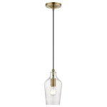 Livex Lighting - Avery 1 Light Antique Brass Mini Pendant - Featuring a black pendant cord and antique brass finish hardware, this graceful carafe shaped clear glass Avery mini pendant will add a real simple look to any kitchen, bar, and hallway.