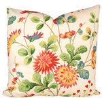 Studio Design Interiors - Spring Forward 90/10 Duck Insert Pillow With Cover, 22x22 - Hard not to smile looking at this friendly, inviting floral pillow. Bright stylized flowers and leaves jump off a cream field of soft cotton. Perfectly coordinated with a bright orane linen back. Fresh.