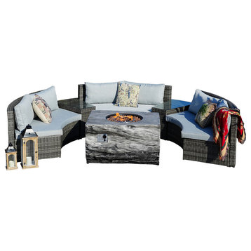 6-Piece Patio Half Moon Wicker Sofa Set With Fire Pit Table