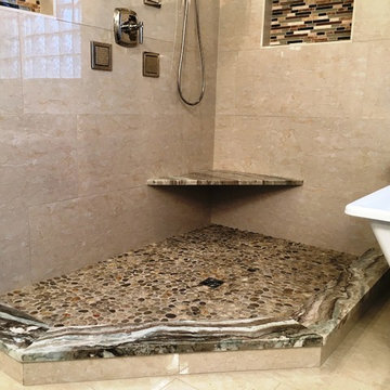 MASTER BATHROOM - Free Standing Tub / Crema Marfil Tile / White Reef Granite