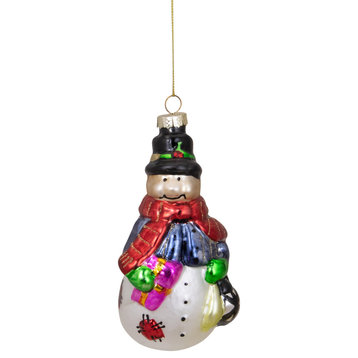 5" Red and Green Snowman With Presents Hanging Glass Christmas Ornament