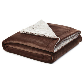 Amarey Flannel Reversible Sherpa Throw Blanket, Brown, 90"x90"
