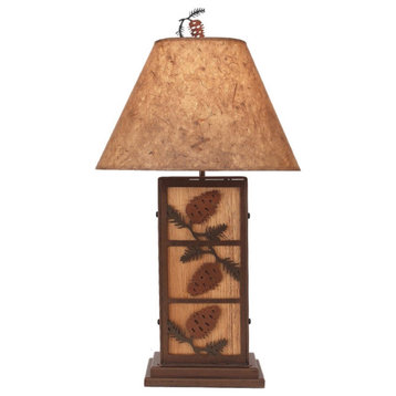 Woodland Iron and Stained Wood Table Lamp With Pine Cone Accents