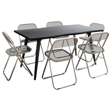 LeisureMod Lawrence 7-Piece Dining Set With Folding Chairs and Table, Black