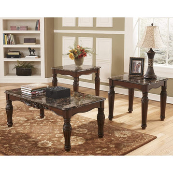 Traditional Set of 3 Coffee Table Set, Dark Brown Base With Faux Marble Tabletop