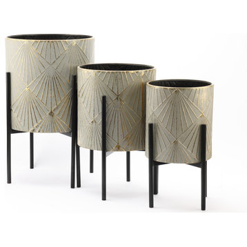 3 Piece Gray and Gold Metal Cachepot Planters With Black Stand