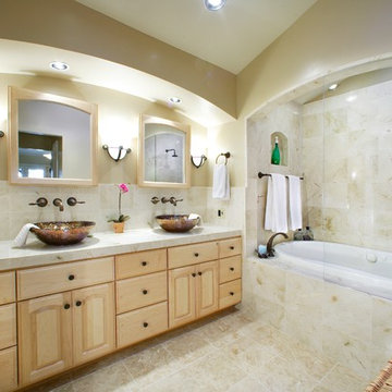 Modern Bathroom with Copper Colored Vessel Sinks