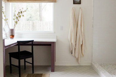 Large transitional master white tile and ceramic tile ceramic tile, gray floor and single-sink bathroom photo in Houston with shaker cabinets, purple cabinets, white walls, an undermount sink, quartz countertops, white countertops, a niche and a built-in vanity