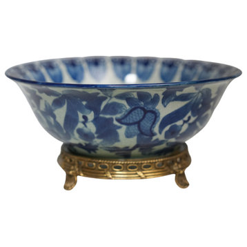 Blue and White Vintage Style Porcelain Bowl With Ormolu, 10"