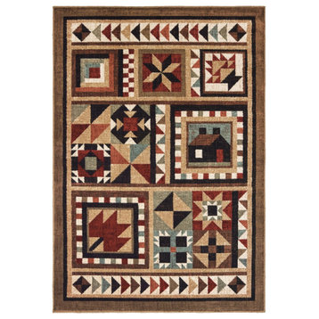 5??7??Brown And Red Ikat Patchwork Area Rug