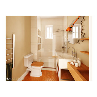 Exemple d'une salle de bain chic de taille moyenne avec un WC séparé, un carrelage blanc, des carreaux de porcelaine, un mur marron, un sol en bambou, un plan vasque et un plan de toilette en surface solide.