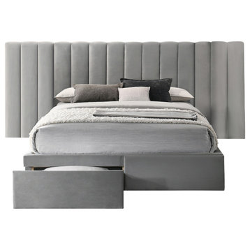 Faro Velvet Bed Frame with Extra Wide Headboard and Storage, Gray, King Size
