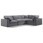 Meridian Furniture - Comfy Upholstered L-Shaped Modular Sectional, Grey, 4-Piece: 1 Armless Chair, 3 Corner Chair, Velvet - Give your space a whole new look with this grey Comfy velvet sectional. This handsome sectional fits nicely with other items in the Comfy collection and is a versatile seating option designed for adaptability, comfort and style. Wrapped in rich grey durable velvet upholstery, this sectional offers a plush embrace of overstuffed down feather cushions, carefully crafted to deliver the highest level of comfort. The perfect seat for creating an oasis for relaxation, this sectional has thick foam surrounding its frame for added support and coziness.