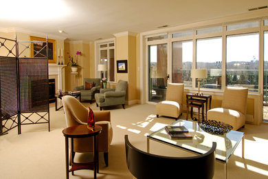 Inspiration for a mid-sized contemporary formal and open concept carpeted living room remodel in Cincinnati with beige walls, a standard fireplace, a plaster fireplace and no tv