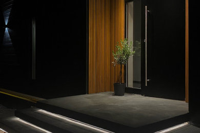 Inspiration för en mellanstor minimalistisk ingång och ytterdörr, med en svart dörr och svart golv