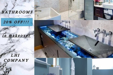 Design ideas for a large mediterranean master bathroom in Atlanta with glass-front cabinets, a freestanding tub, a double shower, white tile, matchstick tile and blue benchtops.