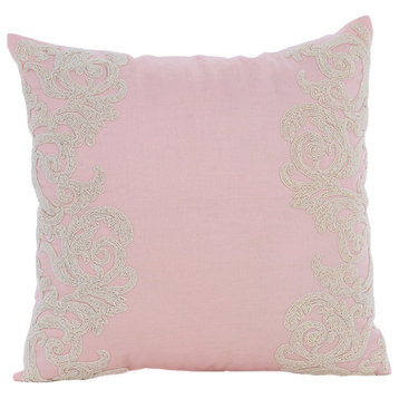 Pink Beaded Floral Border 14"x14" Cotton Linen Pillow Covers, Pink Inspire
