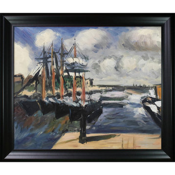 La Pastiche Four Boats Side by Side in Harbor with Black Matte Frame, 25" x 29"