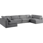 Meridian Furniture - Serene Linen Textured Fabric Deluxe Comfort 6-Piece U-Shaped Sectional, Gray - There's lots to love about the Serene linen textured deluxe cloud-like comfort modular collection, and this piece is not an exception. The soft Gray linen textured fabric is cozy and sleek to the touch while the overstuffed down/feather cushions provide gentle support so you can relax and unwind like a VIP. Customize your seating with this modular set by adding the pieces you like most. Latches under each piece make it easy to snap them into position for a look that's modern yet welcoming.