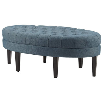 Modern Ottoman, Tufted Polyester Upholstered Seat With Oval Shape, Blue