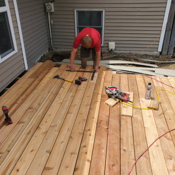 Stamped concrete, cedar deck