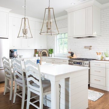 Kitchen Island with Shiplap Base and Lantern Pendants