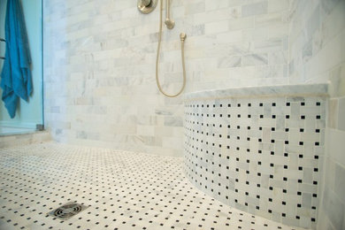Example of a large classic master gray tile and stone tile marble floor bathroom design in Other with raised-panel cabinets, dark wood cabinets, an undermount sink and marble countertops