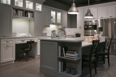 Eat-in kitchen - mid-sized contemporary l-shaped gray floor and concrete floor eat-in kitchen idea in Raleigh with a farmhouse sink, quartz countertops, white backsplash, stainless steel appliances, an island, white countertops, shaker cabinets, white cabinets and subway tile backsplash