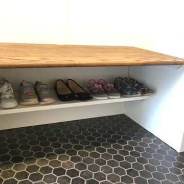 Shoe shelf under drop zone bench