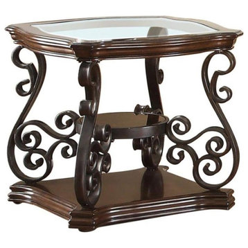 Traditional End Table, Top With Inlay Glass and Metal Scrollwork, Deep Merlot