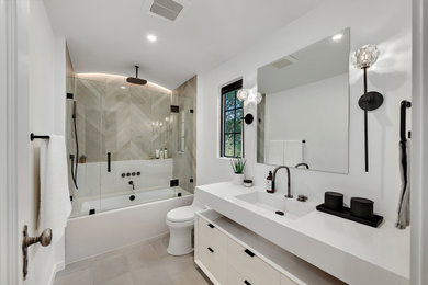 Inspiration for a mid-sized modern kids' single-sink bathroom remodel in Los Angeles with beige cabinets, quartz countertops, white countertops and a freestanding vanity