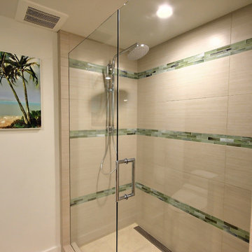 Bath: Step in shower with custom glass enclosure & linear drain