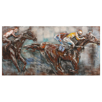 Horse Race Primo Mixed Media Hand Painted 3D Iron Wall Sculpture Metal Wall Art