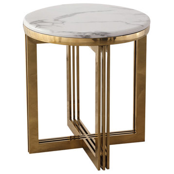 Modern Round Marble-top End Table Side Table in White & Gold