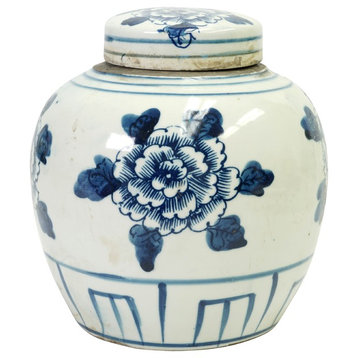 Beautiful Blue and White Floral Flower Porcelain Ginger Jar 6"