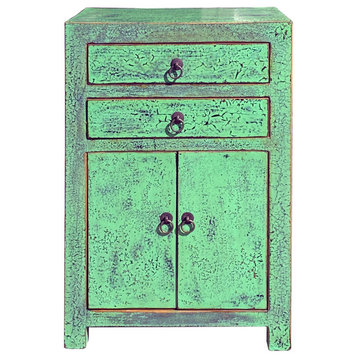 Oriental Distressed Green Lacquer Two Drawers End Table Nightstand Hcs6097