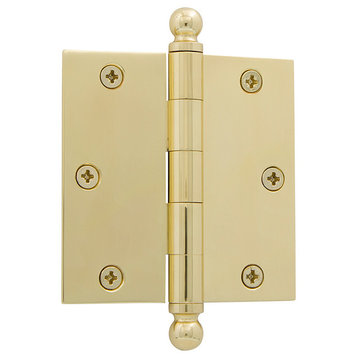 3.5" Ball Tip Residential Hinge With Square Corners, Polished Brass