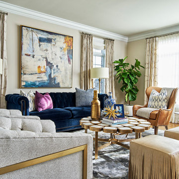 Kildeer Family Room With White and Gold Side Chairs