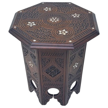 Moroccan Octagonal Side Table / Musharabi, Extra Carving, Mother of Pearl