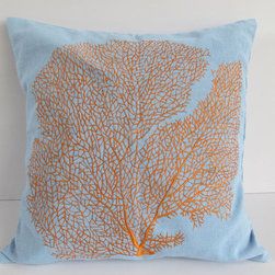 orange coral fan coastal pillow on blue - Home Decor