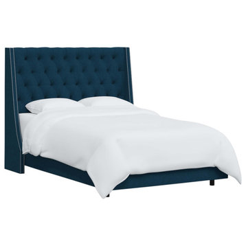 Tufted Sloped Wingback Bed, Nail Trim, Zuma Navy, Queen