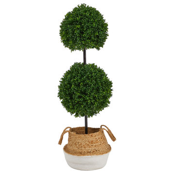3.5' Boxwood Double Ball Faux Topiary Tree Handmade Cotton & Jute Woven Planter
