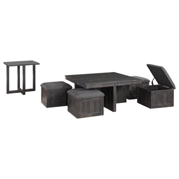 Moseberg Coffee Table with Storage Stools and End Table Set, Gray Oak