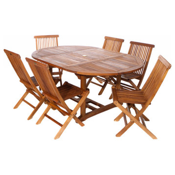 7-Piece Set Teak Oval Extension Table Folding Chair Set, Without Cushion