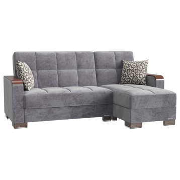 L-Shape Sleeper Sofa, Square Tufted Seat, Gray Microfiber