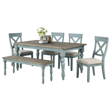 6 Pieces Dining Set, Table With Bench & X-Back Chairs, Antique Blue/Natural